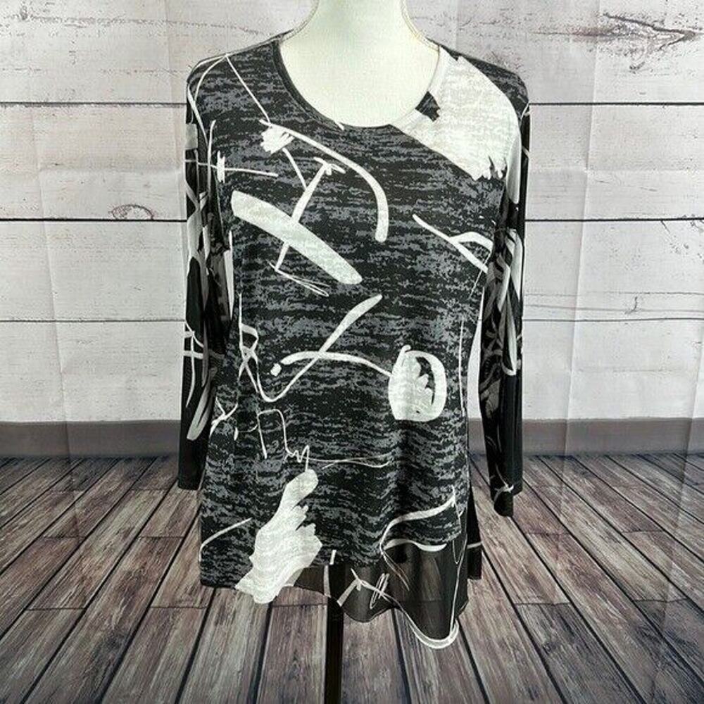 Jess Jane Top Shirt Womens Small Black Art Asymmetrical Semi Sheer Abstract Boxy